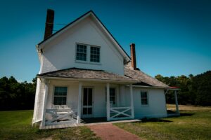 a white house with a chimney